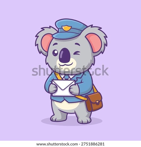 Cute and friendly koala mascot working as a postman, ready to deliver letters with enthusiasm. This vector illustration shows a charming koala wearing a postal uniform and carrying mail, symbolizing reliability, communication, and service.