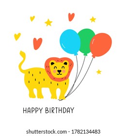 Cute friendly lion. Happy birthday. Vector illustration on white background for greeting card, textile t shirt, print, stickers, posters design.