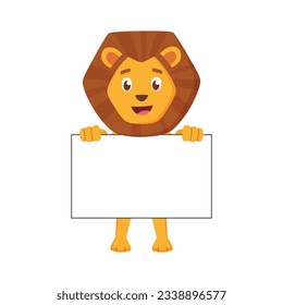 Bonito León Agradable Con Una Junta Blanca En Blanco Con Ambas Manos Ilustración Al Estilo De Las Caricaturas. 