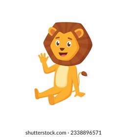 Cute Friendly Lion Sitting on Floor Waving Hand Vector Illustration In Cartoon Style . 