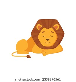 Cute Friendly Lion Sleeping Vector Illustration In Cartoon Style . 