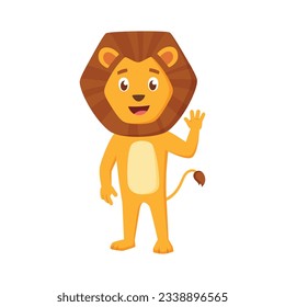 Cute Friendly Lion Standing and Waving Hand Illustration In Cartoon Style . 