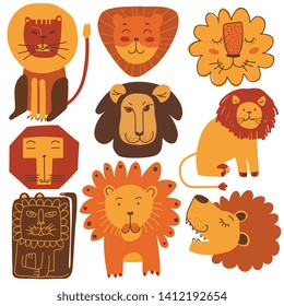 Cute Friendly Lions Set, Stylized Design Elements Can Be Used for T-shirt Print, Poster, Card, Label, Badge Vector Illustration