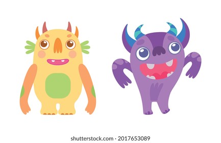 Cute Friendly Little Monsters Set, Funny Adorable Aliens Characters Cartoon Vector Illustration