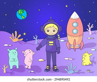 Cute and friendly martians greeting astronaut on their planet. Cosmonaut landed on the moon's surface