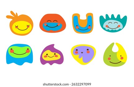 Cute friendly monsters. Abstract shape characters with smiling faces. Fun cartoon groovy design perfect for kids decor, prints, or stickers. Vector illustration