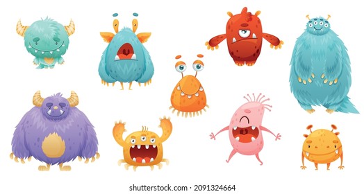 Cute friendly monsters baby characters set. Colorful aliens with funny faces cartoon vector illustration