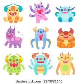 Cute Friendly Monsters with Horns, Friendly Funny Aliens Cartoon Characters Fantastic Creatures Vector Illustration