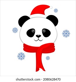 Cute friendly panda with red scarf and christmas hat
