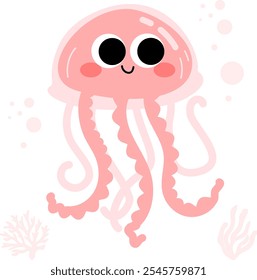 Cute friendly pink jellyfish vector illustration. Mascot animal isolated on white background