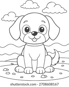Una linda y amigable ilustración para colorear de cachorros diseñada para niños. Esta línea de arte en blanco y negro presenta un perro feliz sentado al aire libre con nubes y montañas en el fondo. 