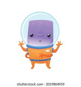 Cute friendly purple alien in spacesuit on white background cartoon vector illustration