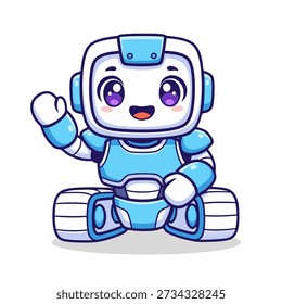 A cute and friendly robot character with a square head, big eyes, a smiling face, and a waving hand. The robot is sitting down and has a light blue and white color scheme. It is perfect for children illustrations, designs, and educational materials.