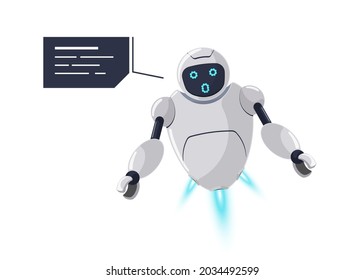 Simpático personaje robot con emoción sorpresa. La mascota futurista de chatbot blanco sorprende un error inesperado con la burbuja de habla. Caricatura tecnológica sobre comunicación de bots en línea. Charla de ayuda de IA robótica. Eps