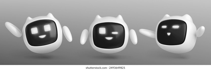 Cute friendly robot with different face emotions on digital screen. Realistic 3d vector illustration set of ai chat bot character for support service. Virtual assistant artificial intelligence mascot.