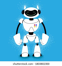 cute friendly robot. electronic bot friend on blue background. cartoon tech assistant android. white robot cute vector illustration. robotics.