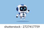 A cute, friendly robot mascot floating and waving. Vector illustration of a futuristic AI assistant on a blue background.