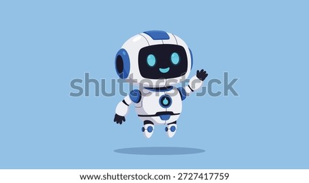 A cute, friendly robot mascot floating and waving. Vector illustration of a futuristic AI assistant on a blue background.
