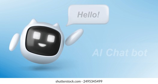 Cute friendly robot with welcome speech bubble on pastel blue background. Realistic 3d vector illustration of ai chat bot character. Digital artificial intelligence mascot for support service.
