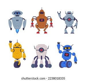 Cute friendly robots set. Cyborgs on wheels. Artificial intelligence technology cartoon vector illustration