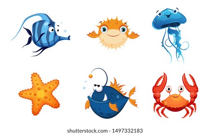 Cute Friendly Sea Creatures Set, Colorful Sea Fishes and Animals Vector Illustration