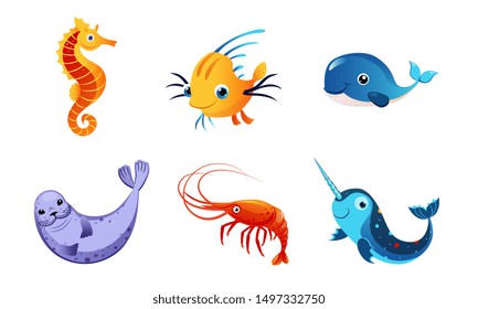 Cute Friendly Sea Creatures Set, Colorful Adorable Marine Fishes and Animals Vector Illustration