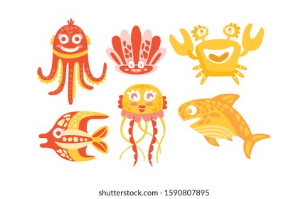 Cute Friendly Sea Creatures Vector Set. Underwater Life for Kid Illustrated Book Concept