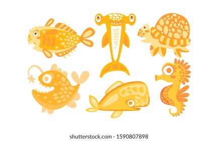 Cute Friendly Sea Creatures Vector Set. Underwater Life for Kid Illustrated Book Concept