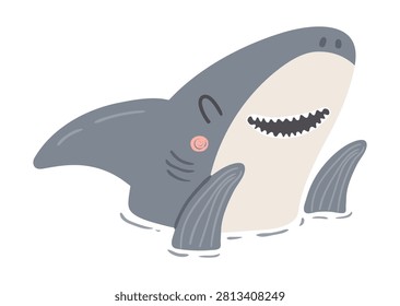 Cute friendly shark head, fins illustration isolated. Kawaii cartoon character. Wild animal, marine, aquatic life, wildlife, fauna. Kids print, design element, clip art. Hand drawn flat vector