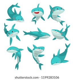 Cute friendly sharks set, cute funny sea animal cartoon character vector Illustration on a white background