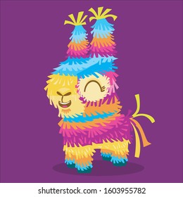 Cute and friendly smiling colorful llama on purple background