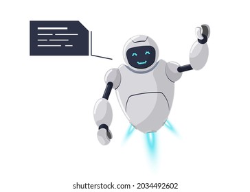 Cute friendly smiling robot character greets. Futuristic white chatbot mascot and speech bubble. Tech cartoon online bot communication. Robotic AI assistance talk vector isolated illustration