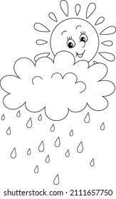 Cute Friendly Smiling Sun And A Rain Cloud With Falling Raindrops, Black And White Outline Vector Cartoon Illustration For A Coloring Book Page