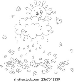 Cute friendly smiling sun and a small rain cloud with falling raindrops over autumn leaves, black and white outline vector cartoon illustration for a coloring book