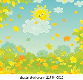 Cute friendly smiling yellow sun and a rain cloud with falling raindrops and flying colorful leaves over a pretty glade of an autumn forest, vector cartoon illustration