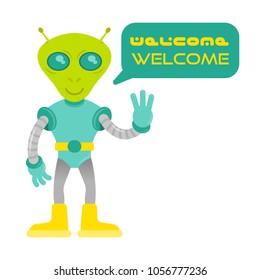 Cute friendly in space suit alien astronaut  from mars or another galaxy planet say welcome. colonization mission first contact UFO. Modern vector style illustration flat design cartoon character.