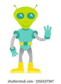 Cute friendly in space suit green alien astronaut  from mars or another galaxy planet. colonization discover mission first contact UFO .Modern vector style illustration flat design cartoon character.