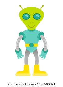 Cute friendly in space suit green alien astronaut  from mars or another galaxy planet. colonization discover mission first contact UFO .Modern vector style illustration flat design cartoon character.