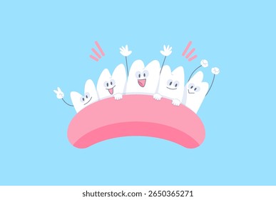Dentes bonitos amigável gangue em gomas ilustração desenho de vetor de desenhos animados. Conceito de tratamento dentário.