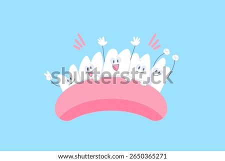 Cute friendly teeth gang on gums illustration cartoon vector design. Dental care concept.