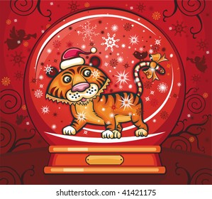 Cute friendly tiger, wearing Santa cap, with candy cane tale. Inside of the snow-dome. 2010 is the Year of the tiger according to the Chinese Zodiac.