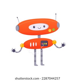 Cute friendly toy robot vector illustration. Cartoon isolated orange retro bot character with wire, wheels and buttons on chest, futuristic cheerful funky robot with happy smile and eyes on funny face