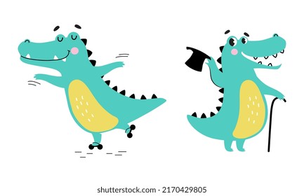 Cute friendly turquoise crocodiles set. Lovely baby alligators rollerblading and walking with cane cartoon vector illustration