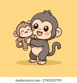 Cute and friendly vector illustration of a monkey mascot carrying a small monkey doll as its best friend. The character features expressive eyes, soft rounded shapes, and a warm, playful personality that conveys friendship, loyalty, and companionship.