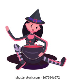 Cute friendly witch with black hair is preparing a potion in a cauldron. Vector cartoon halloween illustration. For the design of postcards, invitations, children's clothing, notebooks, notebooks