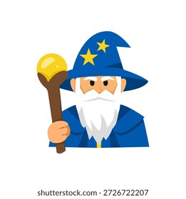 Um bonito e amigável personagem de desenho animado assistente projetado em um estilo plano moderno. O mágico usa um chapéu pontiagudo clássico e um roupão, segurando uma varinha mágica brilhante. Isolado sobre um fundo branco