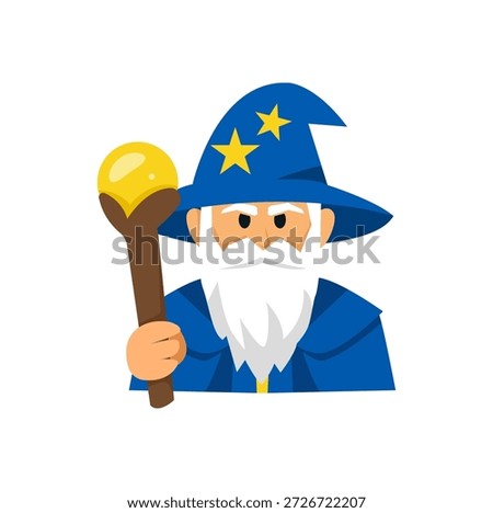 A cute and friendly wizard cartoon character designed in a modern flat style. The magician wears a classic pointed hat and robe, holding a glowing magic wand. Isolated on a white background