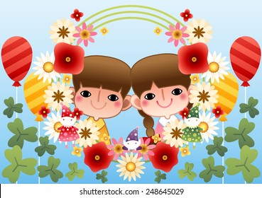 Cute Friends with beautiful flowers on bright blue background : vector illustration