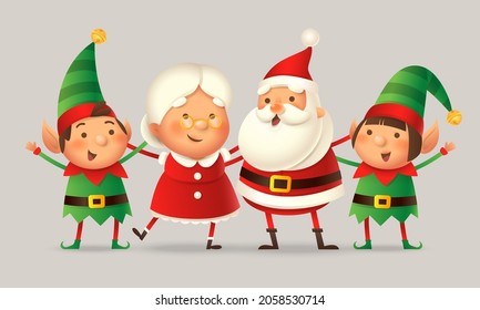 Cute friends celebrate Christmas - Santa Claus, Mrs Claus, Elfs girl and boy - vector illustration isolated