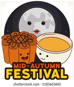 Cute friends celebrating Chinese Mid-Autumn Festival: mooncake, cup of tea and pretty full moon.